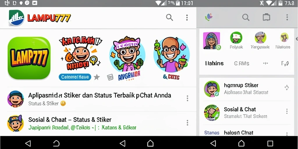 Screenshot utama aplikasi LAMPU777 menampilkan berbagai stiker dan status yang menarik.