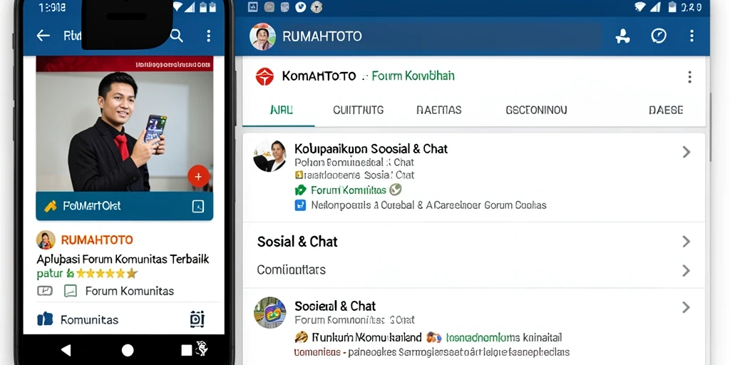 Antarmuka menarik aplikasi RUMAHTOTO dengan berbagai fitur Forum Komunitas.